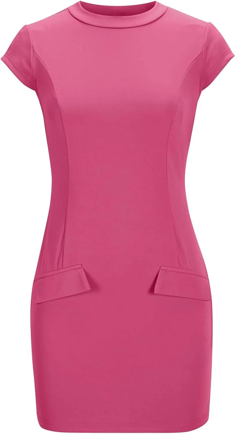 Summer Dress for Women Warp Mini Work Dresses Cap Sleeve Fitted Short Dress Crewneck Office Dress with Pockets