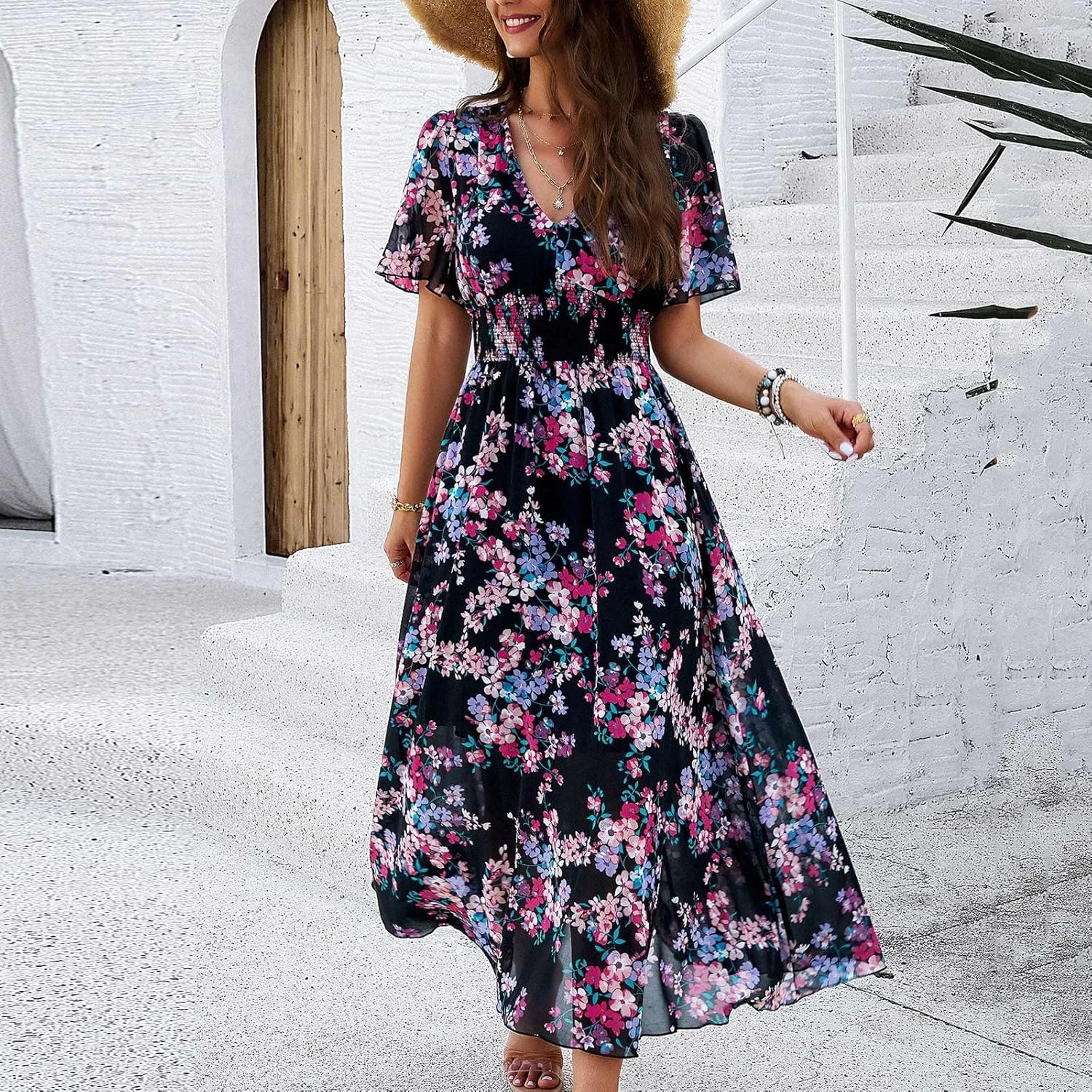 Summer Dresses for Women 2025 Women Dresses Flowy Dresses for Women Flowy Waist Pleated Swing