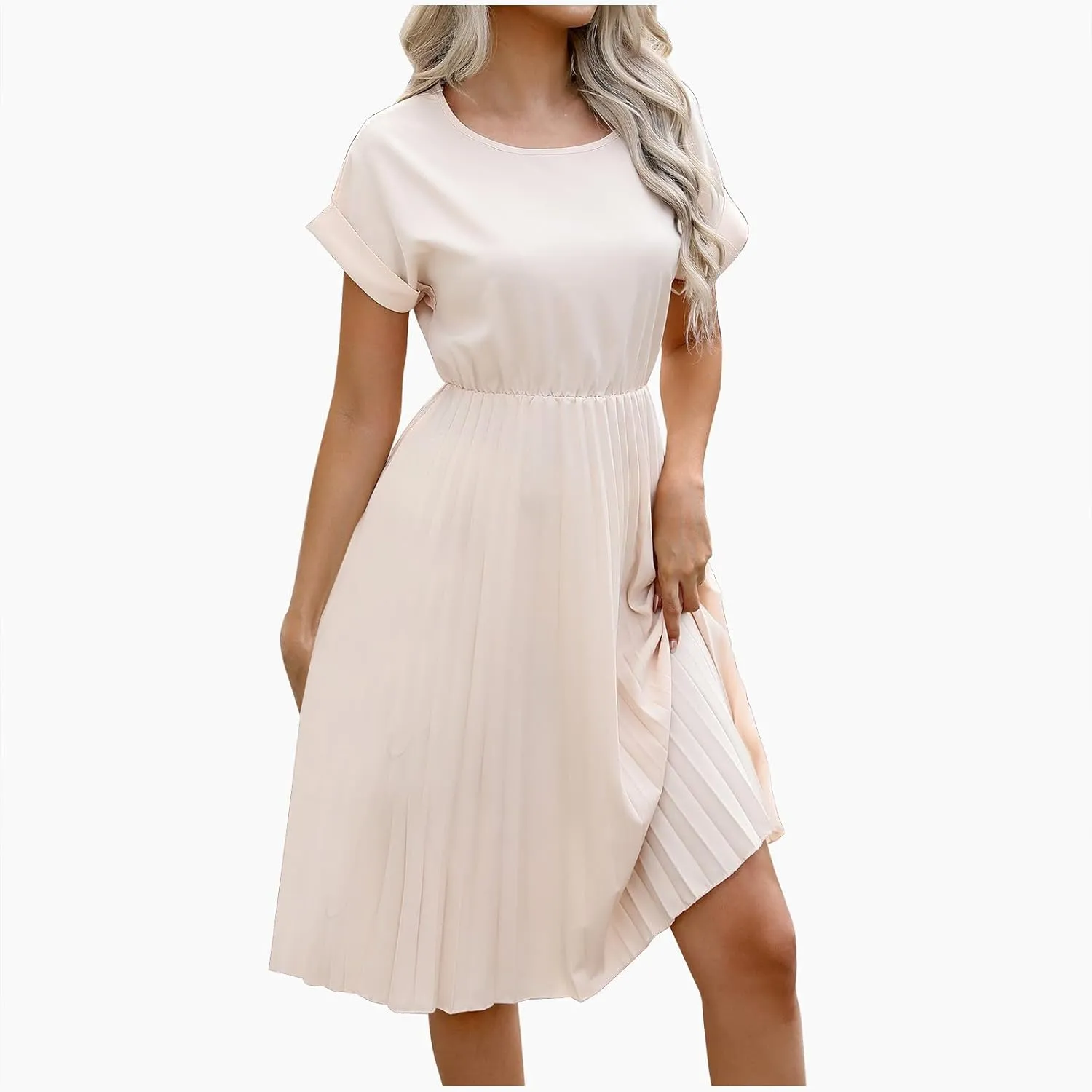 Summer Dresses for Women Dressy Elegant Short Sleeve Pleated Flowy Midi Dress Flowy Beach Party Long Sundress