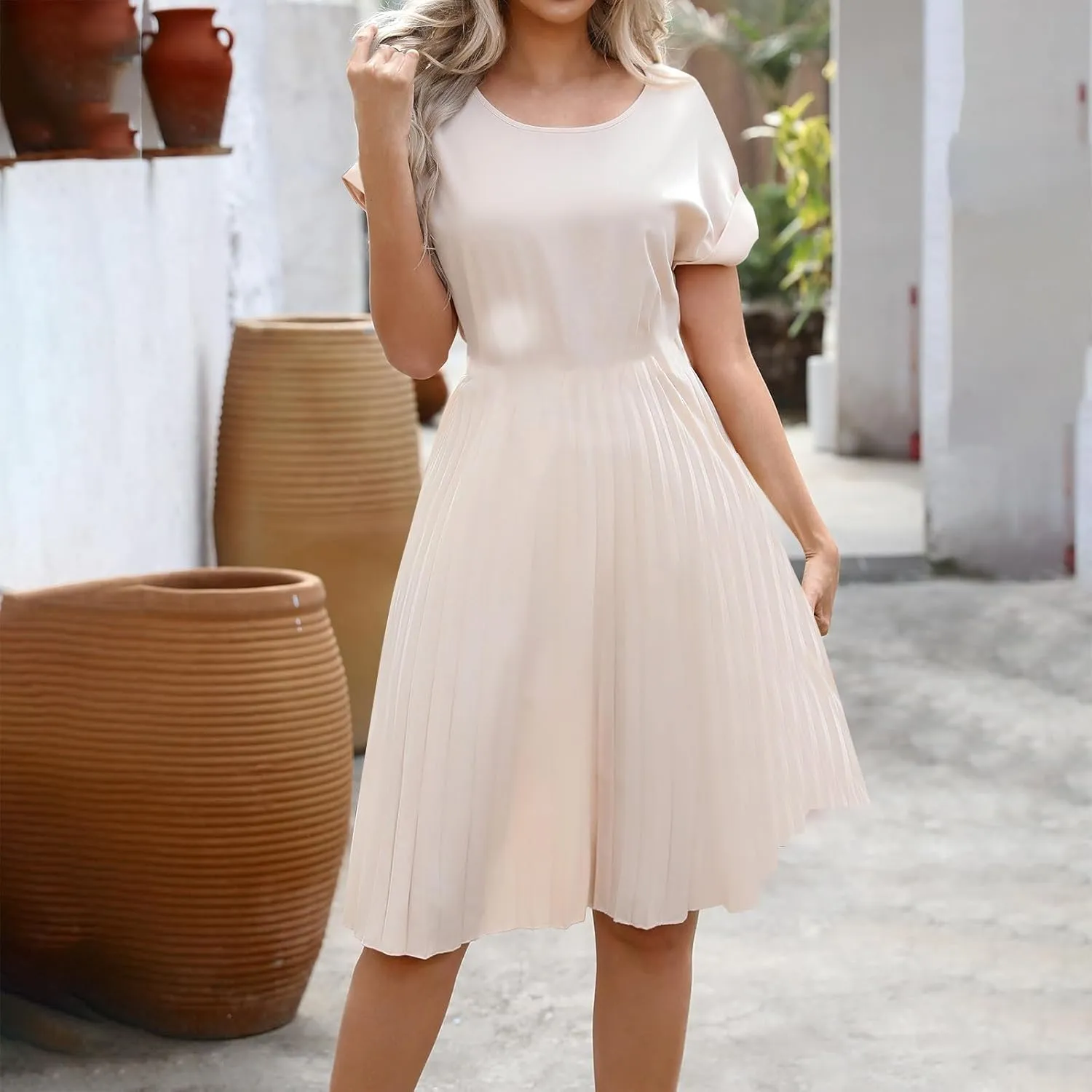 Summer Dresses for Women Dressy Elegant Short Sleeve Pleated Flowy Midi Dress Flowy Beach Party Long Sundress