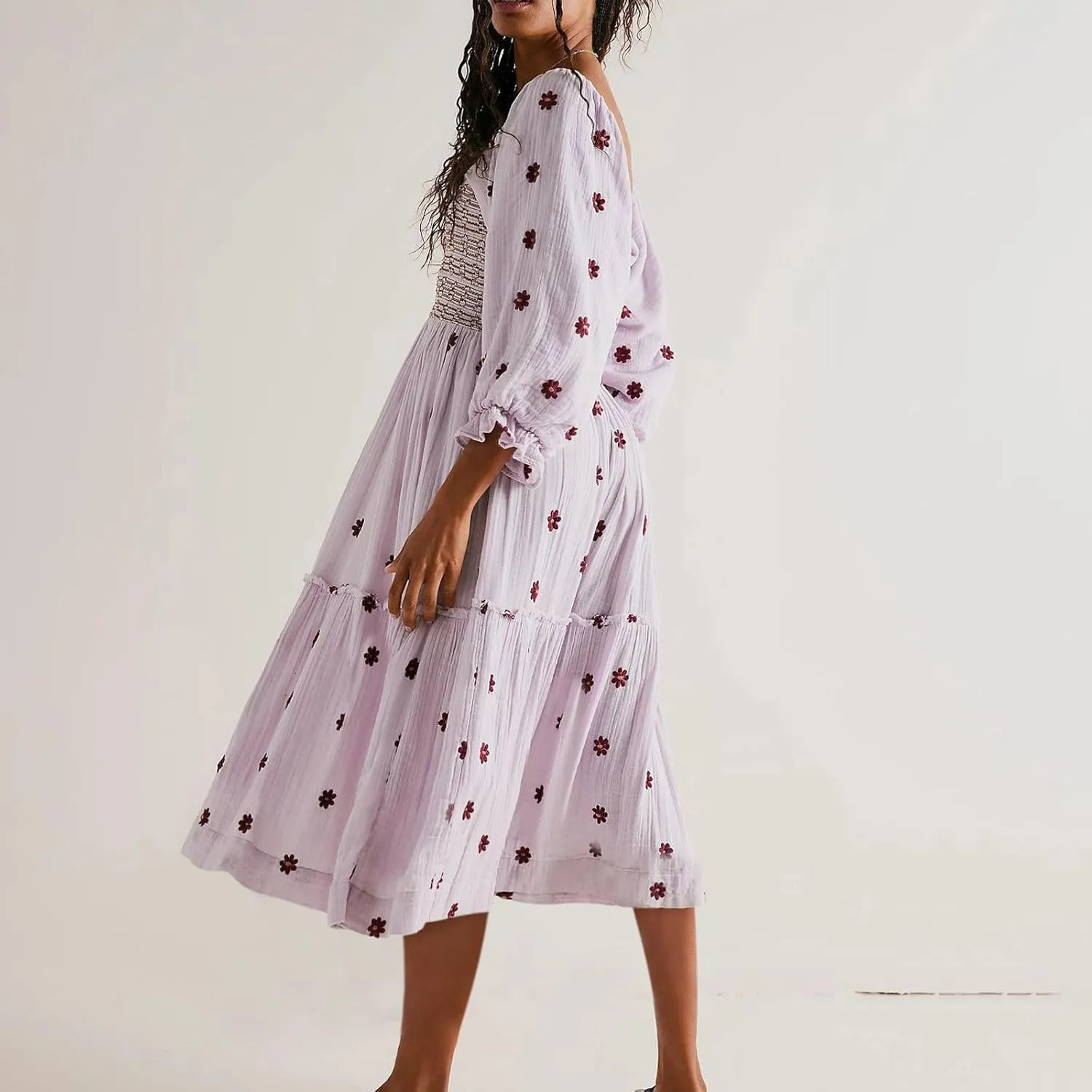 Summer Midi Dresses for Women 2024 3/4 Sleeve Printed Sundresses Long Sleeve Square Neck Loose Fit Flowy Dresses