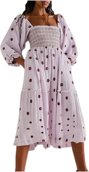 Summer Midi Dresses for Women 2024 3/4 Sleeve Printed Sundresses Long Sleeve Square Neck Loose Fit Flowy Dresses