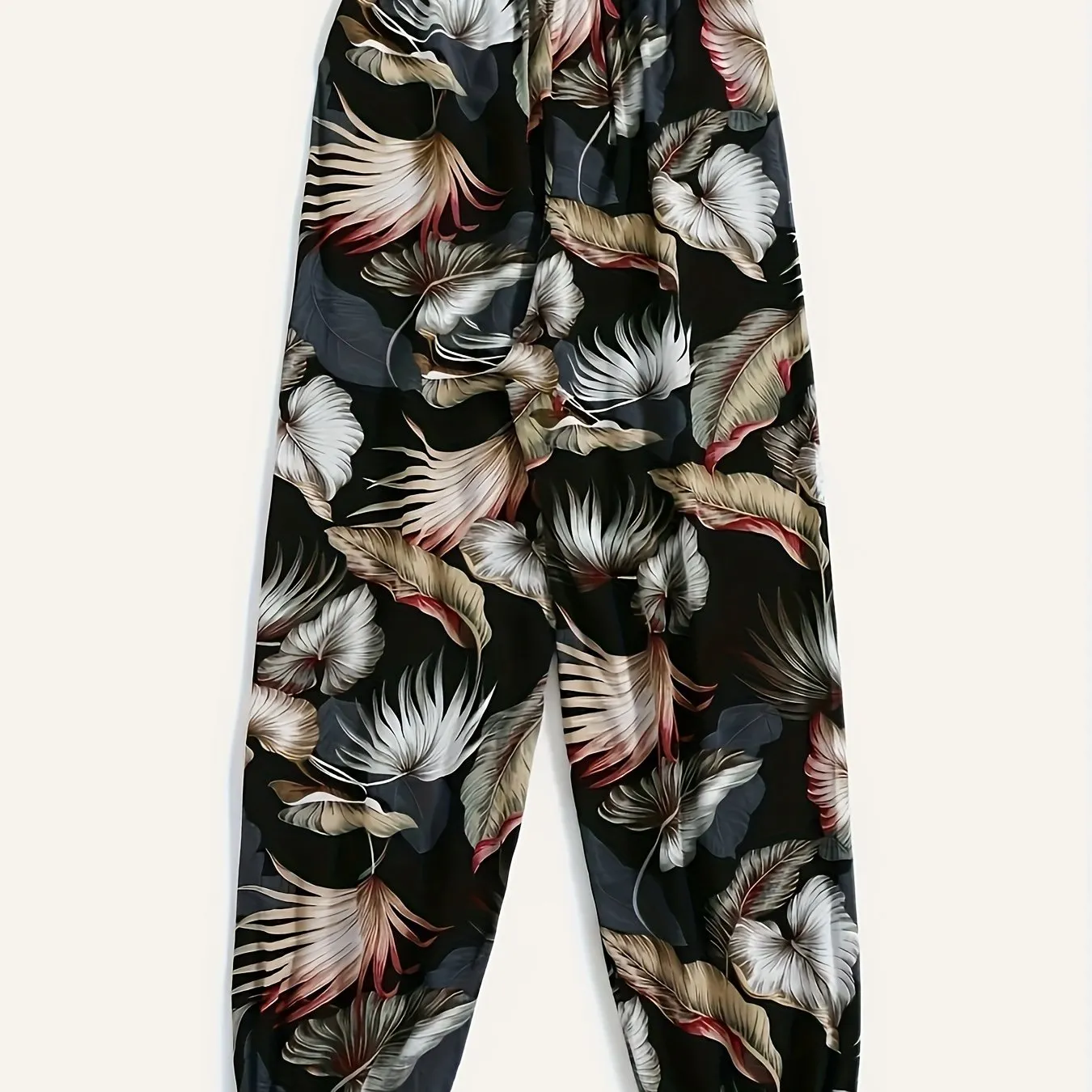 Tropical Print Elastic Waist Vacation Pants, Elegant Loose Fit Jogger Pants For Spring & Summer, Women's Clothing