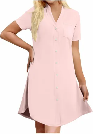 Tunic Dress for Women Button Down V Neck Short Sleeve Dresses Lounge Classic Pure T-Shirts Dress Outfits