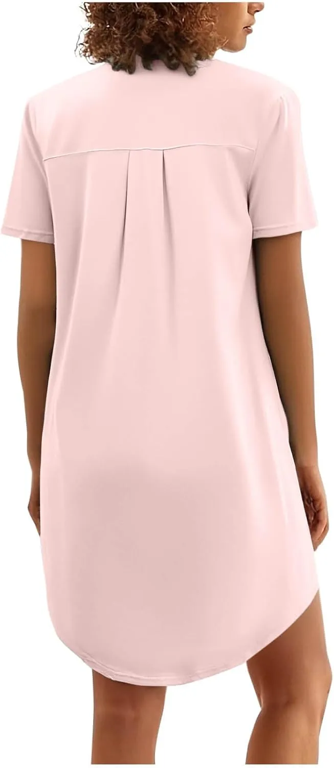 Tunic Dress for Women Button Down V Neck Short Sleeve Dresses Lounge Classic Pure T-Shirts Dress Outfits