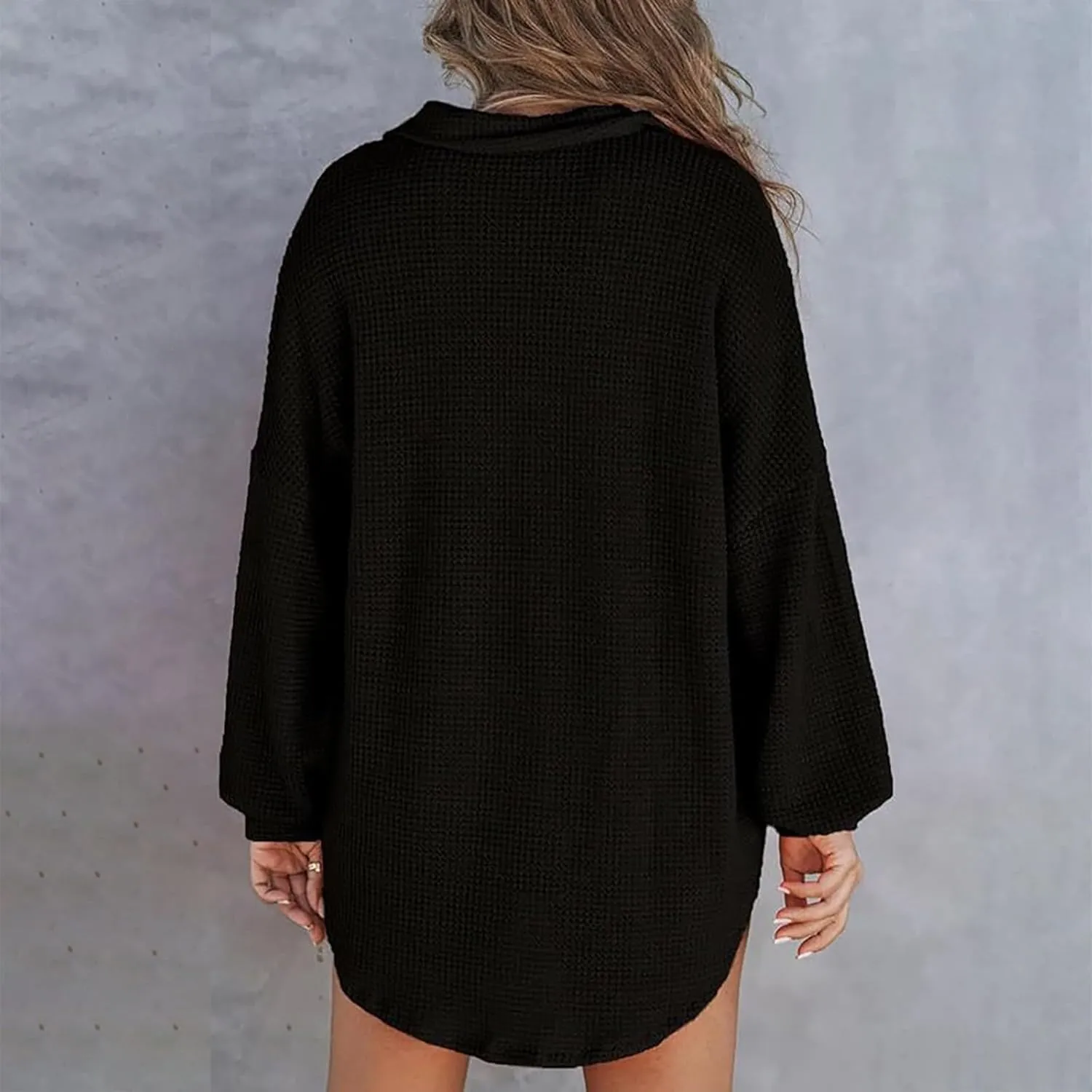 Waffle Knit Tops for Women Casual V Neck Long Sleeve Henley Shirt Solid Color Loose Fit Oversized Tshirts with Pocket