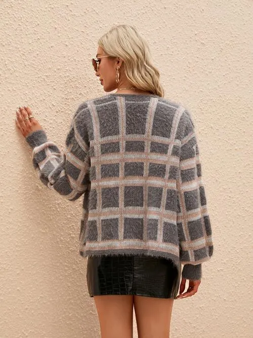 Warm Chic Open Front Plaid Furry Cardigan