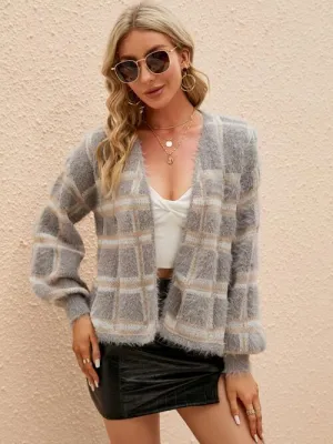 Warm Chic Open Front Plaid Furry Cardigan