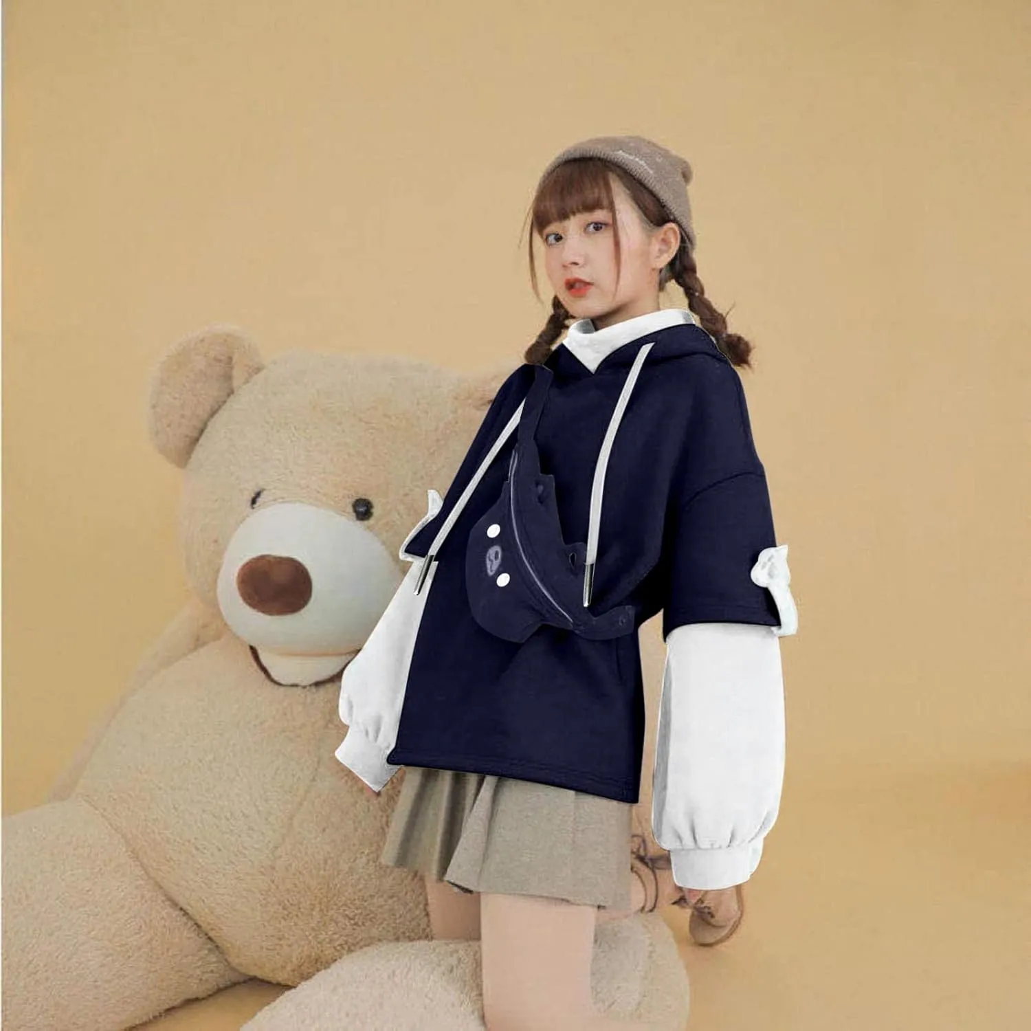 Wkishenl Cute Bear Hoodies for Womens Kawaii Clothes Long Sleeve Aesthetic Sweatshirts Patchwork Shirts with Personality Bag