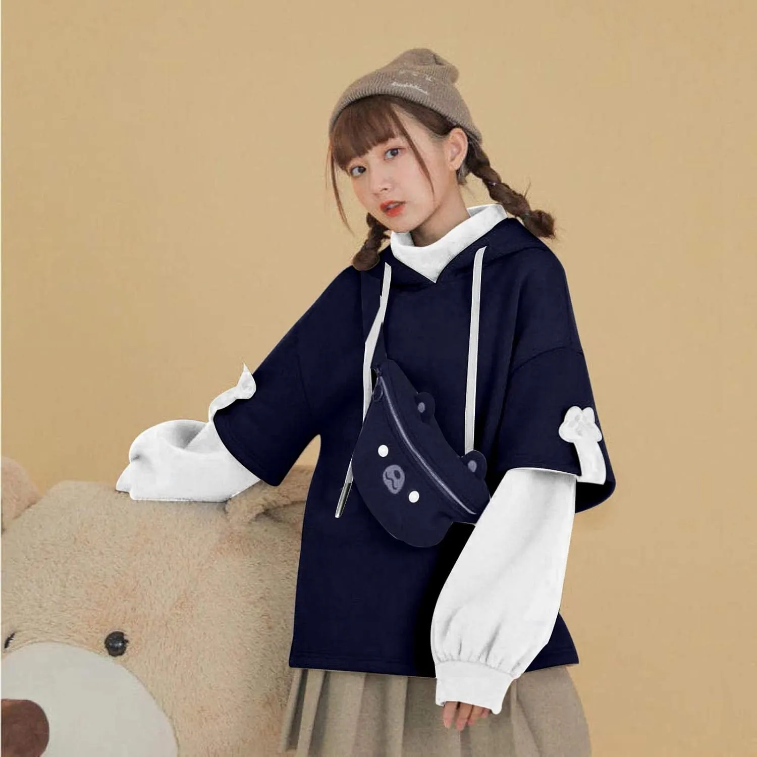 Wkishenl Cute Bear Hoodies for Womens Kawaii Clothes Long Sleeve Aesthetic Sweatshirts Patchwork Shirts with Personality Bag