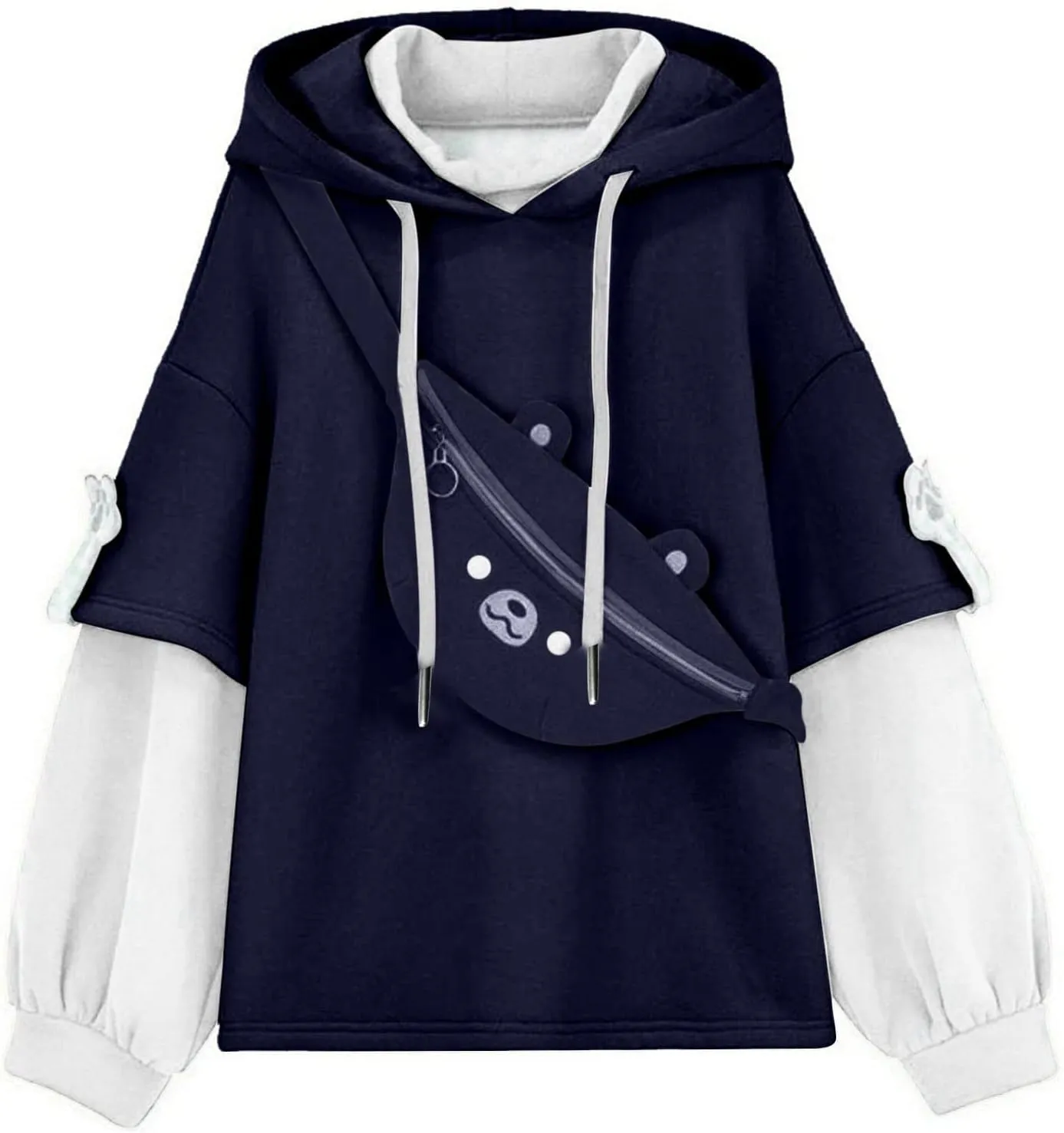 Wkishenl Cute Bear Hoodies for Womens Kawaii Clothes Long Sleeve Aesthetic Sweatshirts Patchwork Shirts with Personality Bag