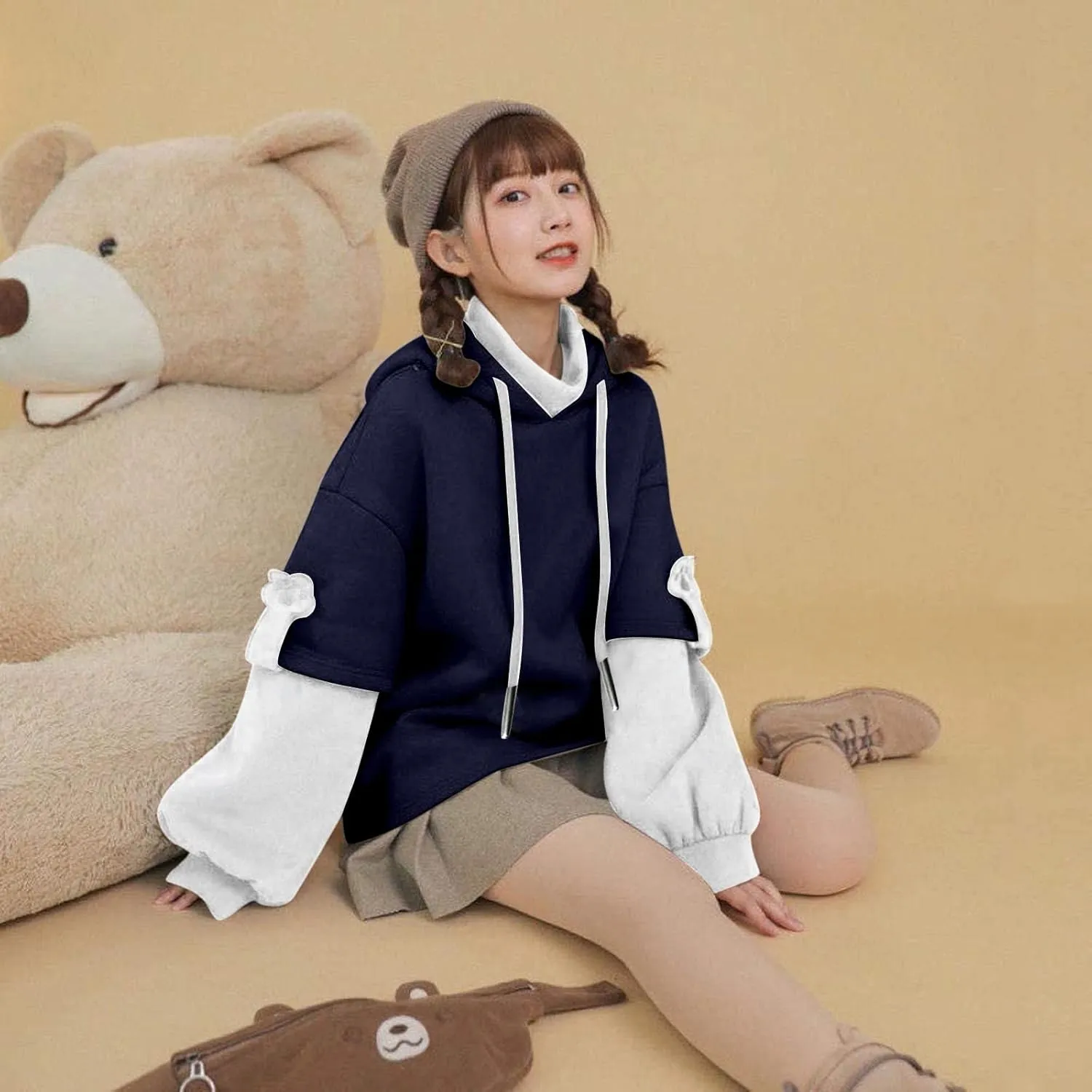 Wkishenl Cute Bear Hoodies for Womens Kawaii Clothes Long Sleeve Aesthetic Sweatshirts Patchwork Shirts with Personality Bag