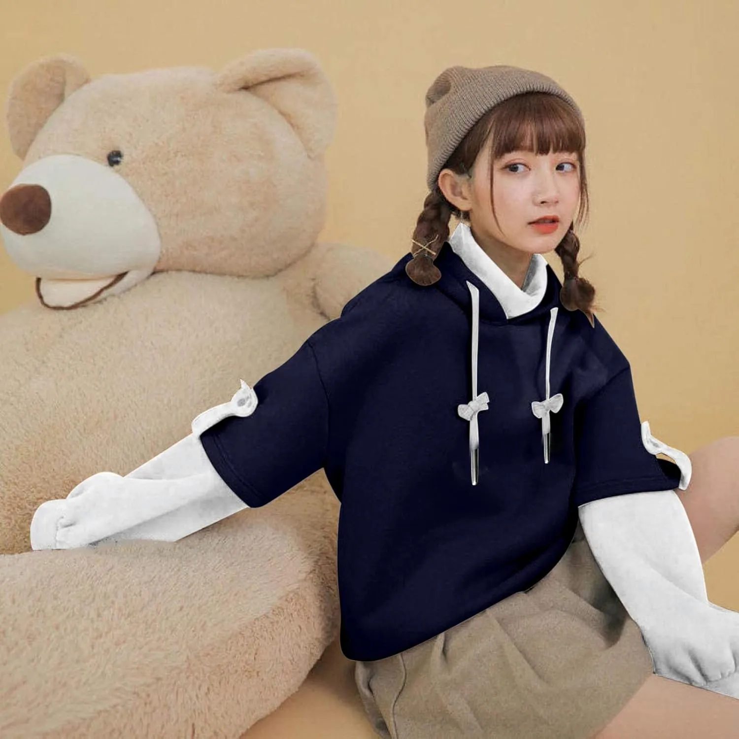 Wkishenl Cute Bear Hoodies for Womens Kawaii Clothes Long Sleeve Aesthetic Sweatshirts Patchwork Shirts with Personality Bag