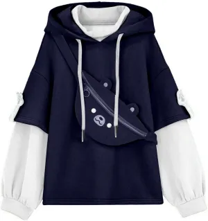 Wkishenl Cute Bear Hoodies for Womens Kawaii Clothes Long Sleeve Aesthetic Sweatshirts Patchwork Shirts with Personality Bag