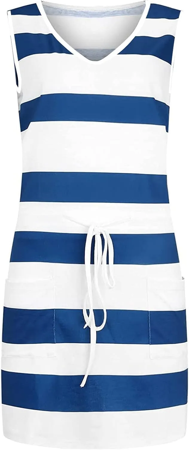Womens 2025 Summer Dresses Striped Sleeveless Waist Tie Front A- Line Mini Dress Casual Lounge Tunics with Pockets