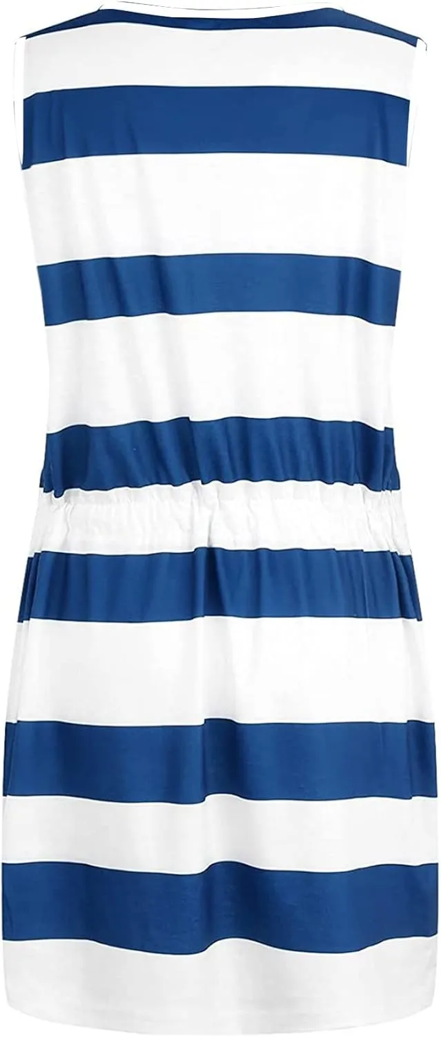 Womens 2025 Summer Dresses Striped Sleeveless Waist Tie Front A- Line Mini Dress Casual Lounge Tunics with Pockets