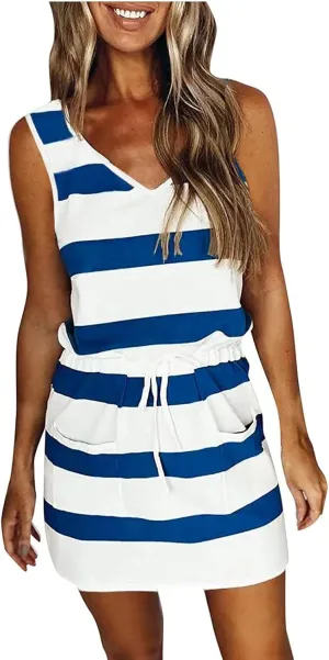 Womens 2025 Summer Dresses Striped Sleeveless Waist Tie Front A- Line Mini Dress Casual Lounge Tunics with Pockets