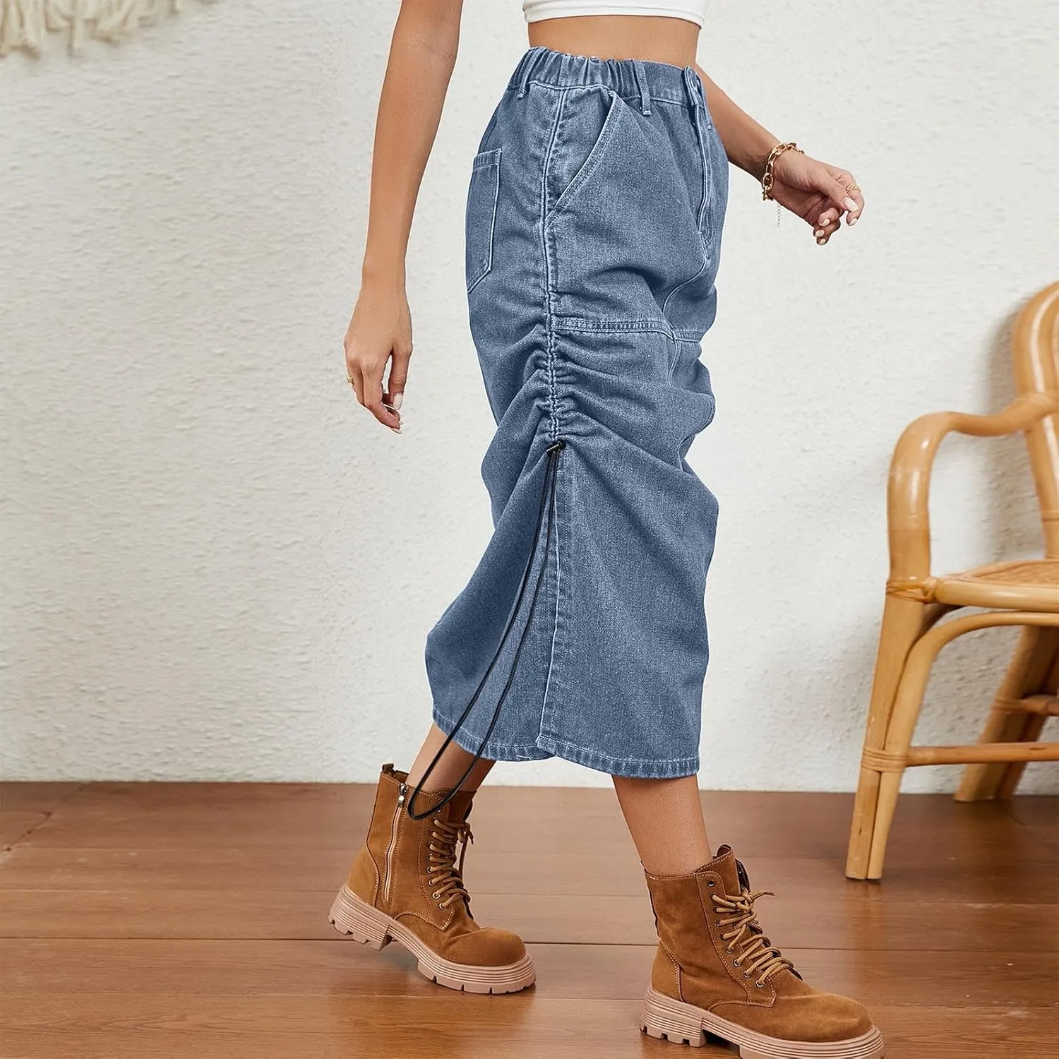 Womens Denim Cargo Skirts Slim Fit Calf Length Back Slit Jean Elastic High Waist Pencil Skirt Flap Pockets Streetwear