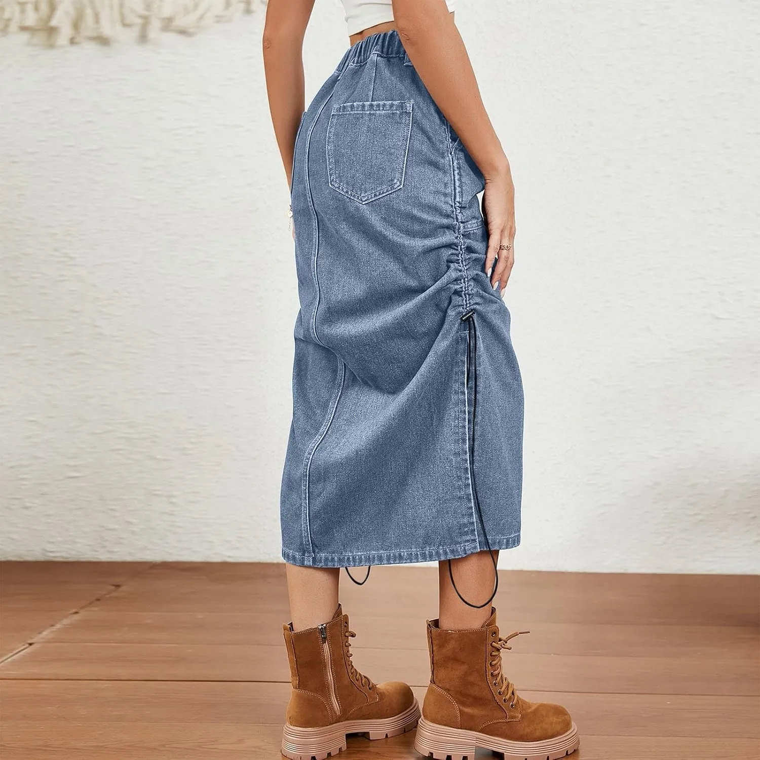 Womens Denim Cargo Skirts Slim Fit Calf Length Back Slit Jean Elastic High Waist Pencil Skirt Flap Pockets Streetwear