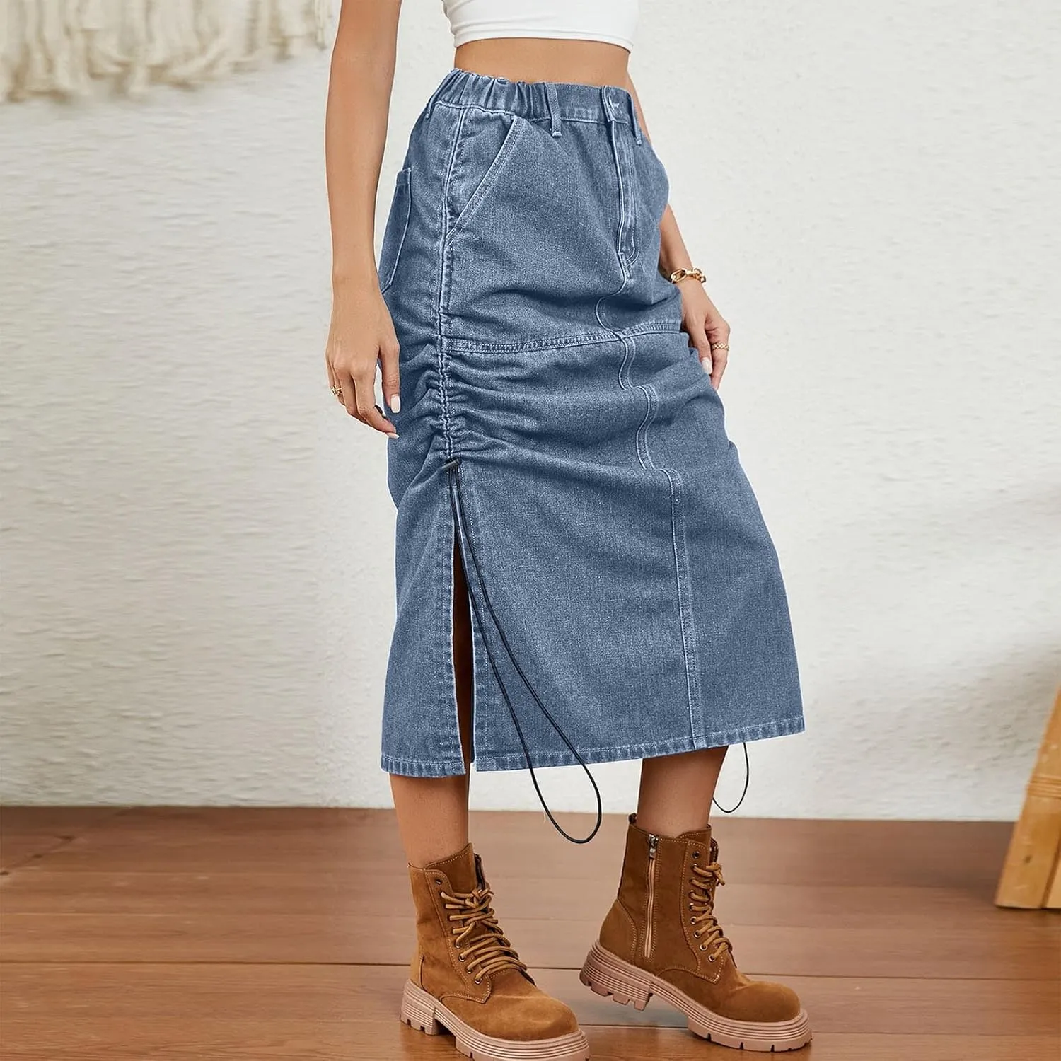Womens Denim Cargo Skirts Slim Fit Calf Length Back Slit Jean Elastic High Waist Pencil Skirt Flap Pockets Streetwear
