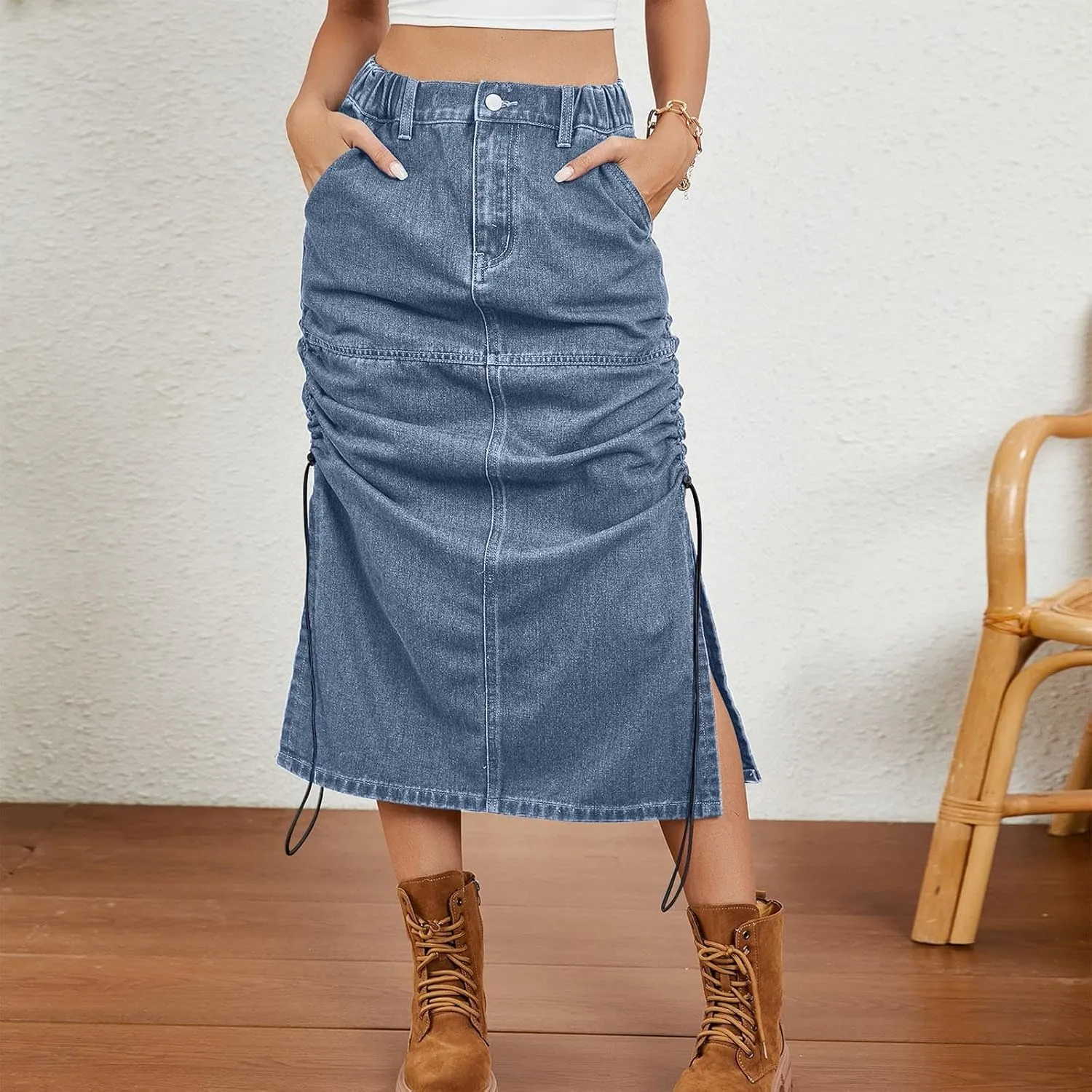 Womens Denim Cargo Skirts Slim Fit Calf Length Back Slit Jean Elastic High Waist Pencil Skirt Flap Pockets Streetwear