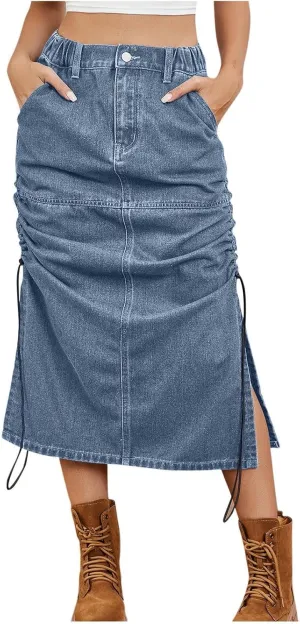 Womens Denim Cargo Skirts Slim Fit Calf Length Back Slit Jean Elastic High Waist Pencil Skirt Flap Pockets Streetwear