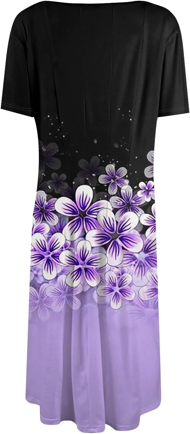 Womens Dresses 2025 Summer Crewneck Short Sleeve A Line Dress Side Pockets Empire Waist Midi Sun Dress Vacation