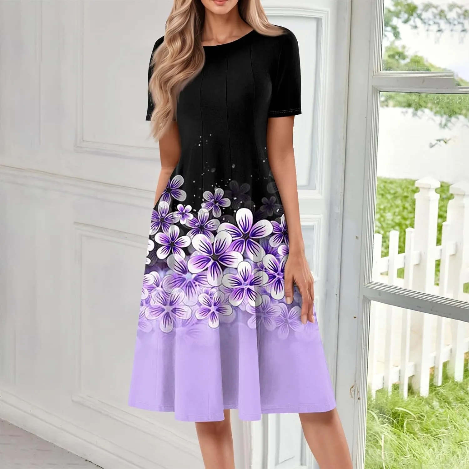 Womens Dresses 2025 Summer Crewneck Short Sleeve A Line Dress Side Pockets Empire Waist Midi Sun Dress Vacation