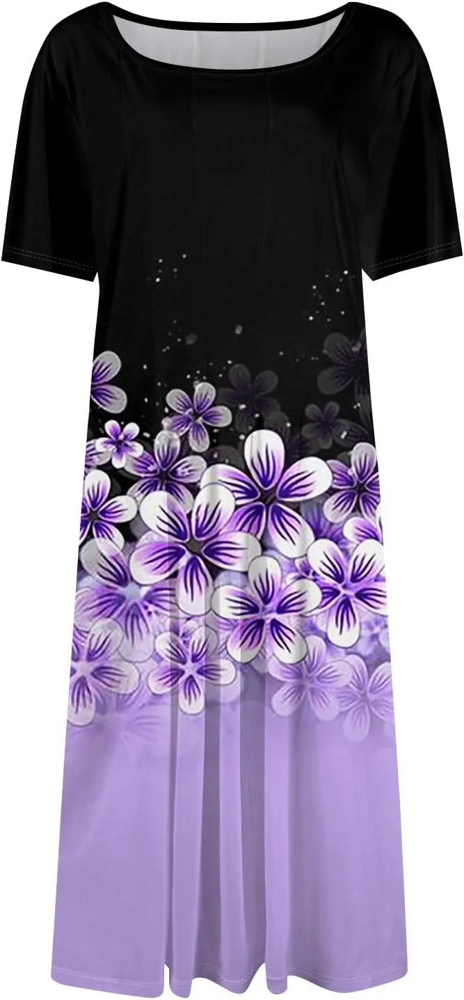 Womens Dresses 2025 Summer Crewneck Short Sleeve A Line Dress Side Pockets Empire Waist Midi Sun Dress Vacation