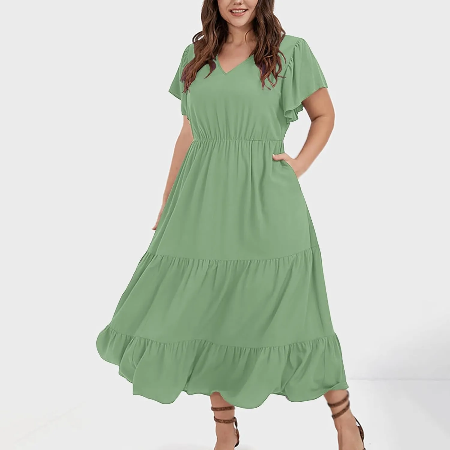 Womens Elegant Smocked Dresses V Neck Ruffle Sleeve Round Neck Solid Loose Short Flowy Pleated Mini Babydoll Dress