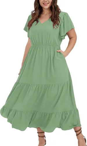 Womens Elegant Smocked Dresses V Neck Ruffle Sleeve Round Neck Solid Loose Short Flowy Pleated Mini Babydoll Dress