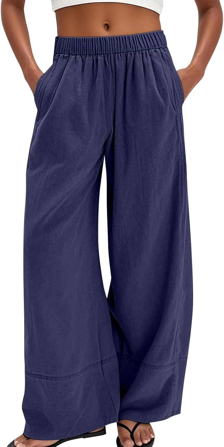 Womens Linen Pants Summer Cotton High Waist Palazzo Pants Baggy Casual Relaxed Fit Flowy Boho Beach Trousers Pockets