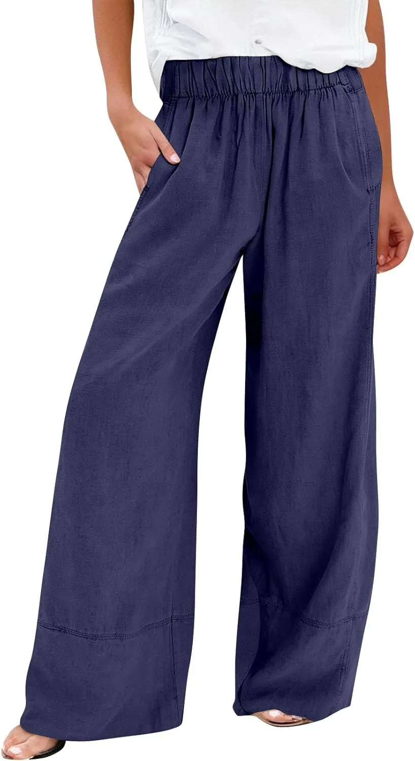 Womens Linen Pants Summer Cotton High Waist Palazzo Pants Baggy Casual Relaxed Fit Flowy Boho Beach Trousers Pockets