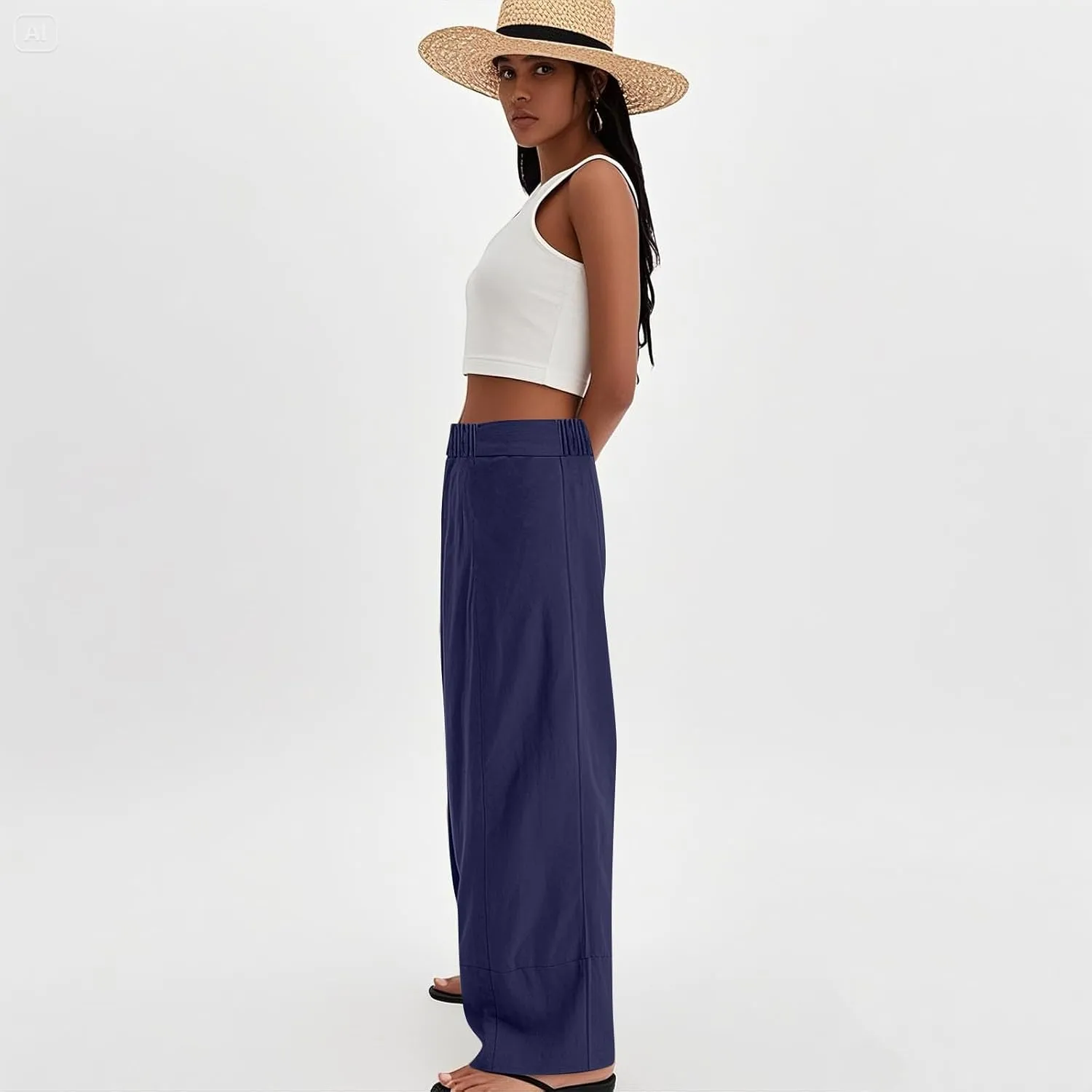 Womens Linen Pants Summer Cotton High Waist Palazzo Pants Baggy Casual Relaxed Fit Flowy Boho Beach Trousers Pockets