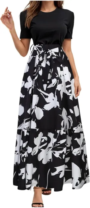 Women's Maxi Dress Floral Print Wrap Short Sleeve Summer Dresses High Waist Swing A Line Sundress Beach Vacaton Outfit 2025