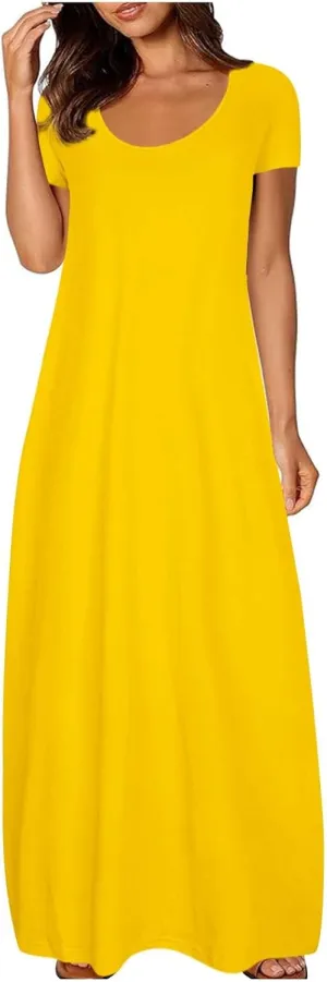 Womens Short Sleeve Scoop Neck Plus Size Maxi Midi Dress Solid Casual Tshirt Dress 2025 Trendy Summer Long Dresses