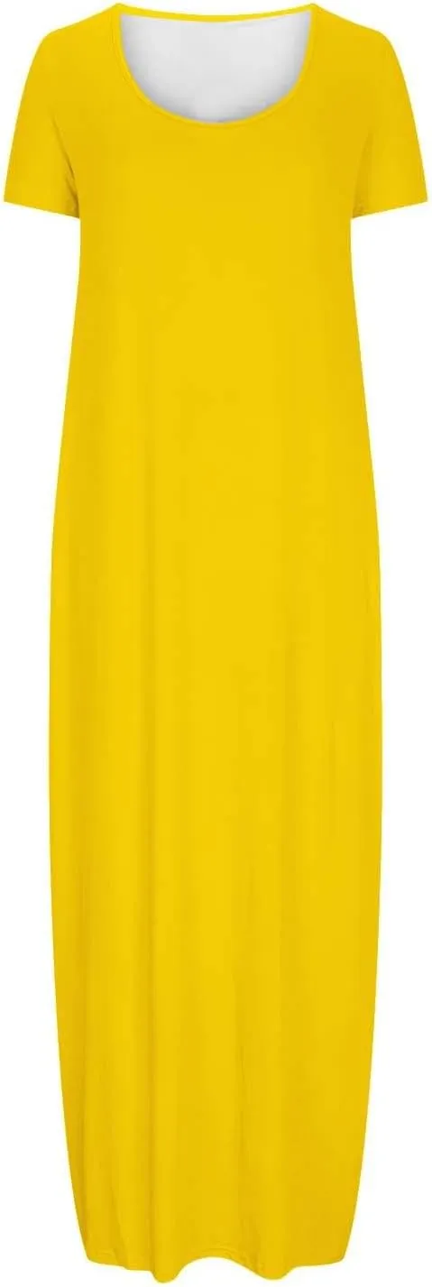 Womens Short Sleeve Scoop Neck Plus Size Maxi Midi Dress Solid Casual Tshirt Dress 2025 Trendy Summer Long Dresses