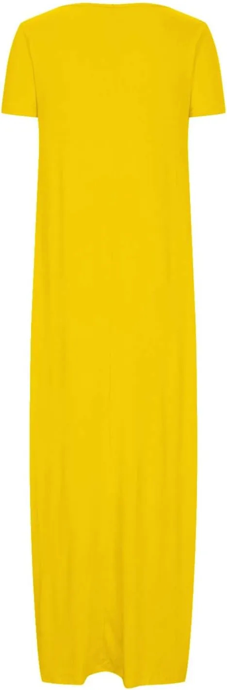 Womens Short Sleeve Scoop Neck Plus Size Maxi Midi Dress Solid Casual Tshirt Dress 2025 Trendy Summer Long Dresses
