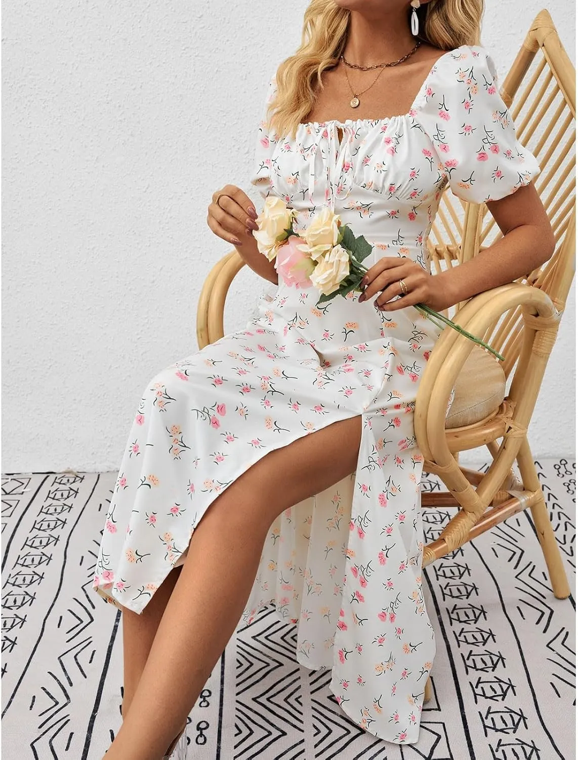 Women's Summer Casual Loose Trendy Bubble Sleeve Square Neck Split Bow Floral Print Dresses 2025 Plus Size, XS-3XL
