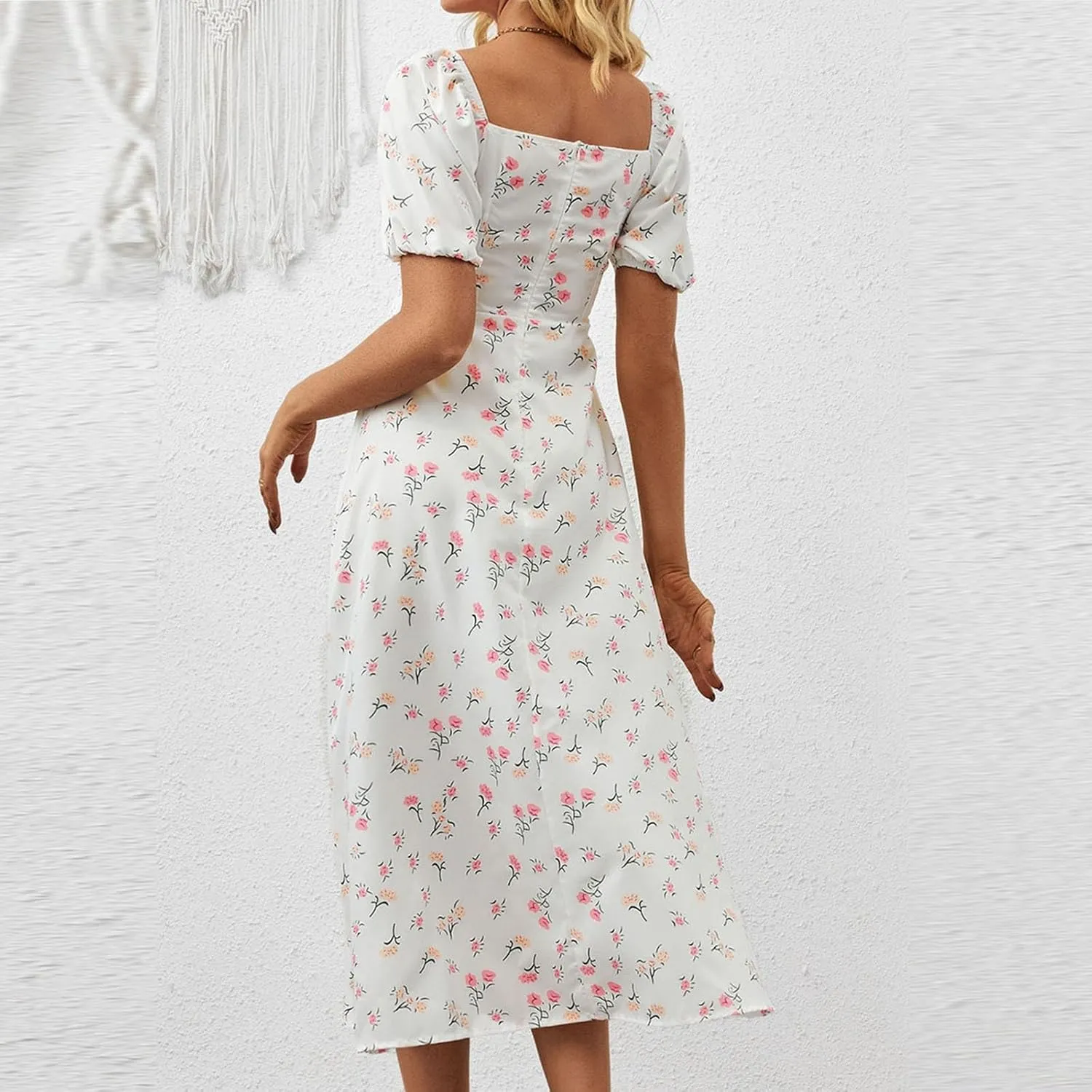 Women's Summer Casual Loose Trendy Bubble Sleeve Square Neck Split Bow Floral Print Dresses 2025 Plus Size, XS-3XL