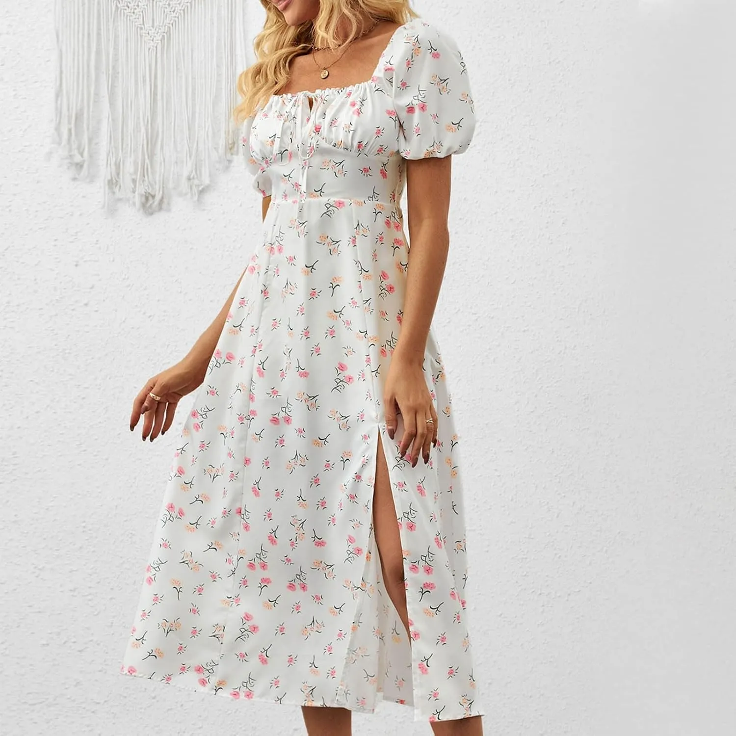 Women's Summer Casual Loose Trendy Bubble Sleeve Square Neck Split Bow Floral Print Dresses 2025 Plus Size, XS-3XL