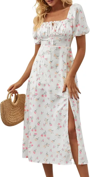 Women's Summer Casual Loose Trendy Bubble Sleeve Square Neck Split Bow Floral Print Dresses 2025 Plus Size, XS-3XL