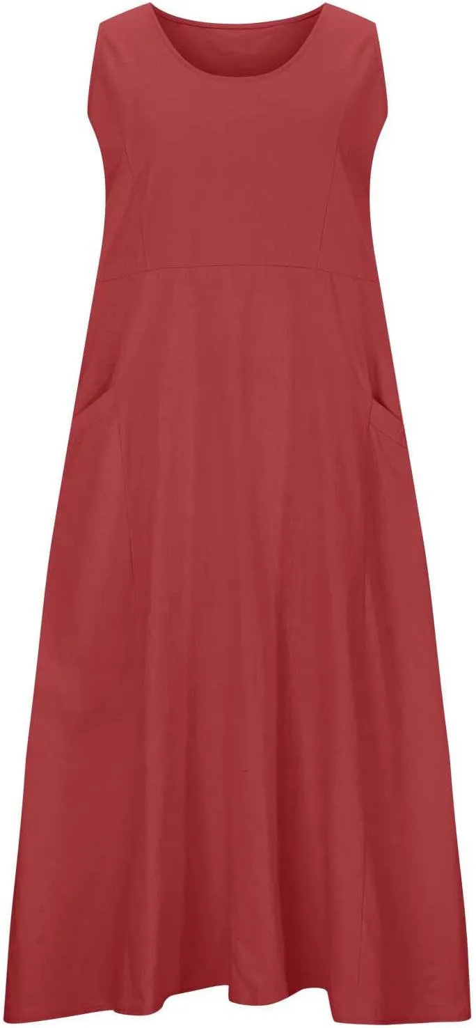 Womens Summer Casual Midi Maxi Dresses Plus Size Cotton Linen Sundresses Sleeveless Boho Flowy Dress with Pockets