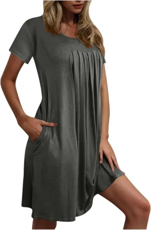 Women's Summer Mini Dresses Casual Loose Beach Vacation Dress Pleated Short Sleeve Plain Tank Sundress 2025