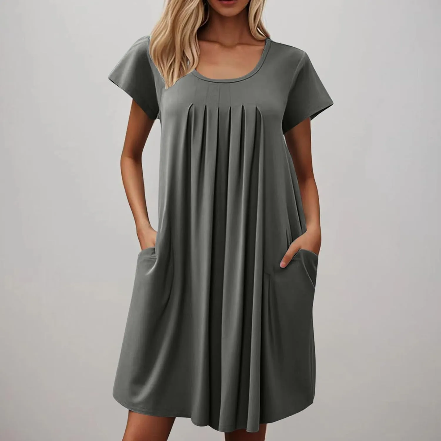 Women's Summer Mini Dresses Casual Loose Beach Vacation Dress Pleated Short Sleeve Plain Tank Sundress 2025