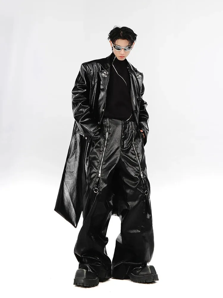 Y2K Cybercore Style Soft PU Leather Loose Pants for Men - Multiple Zipper Details