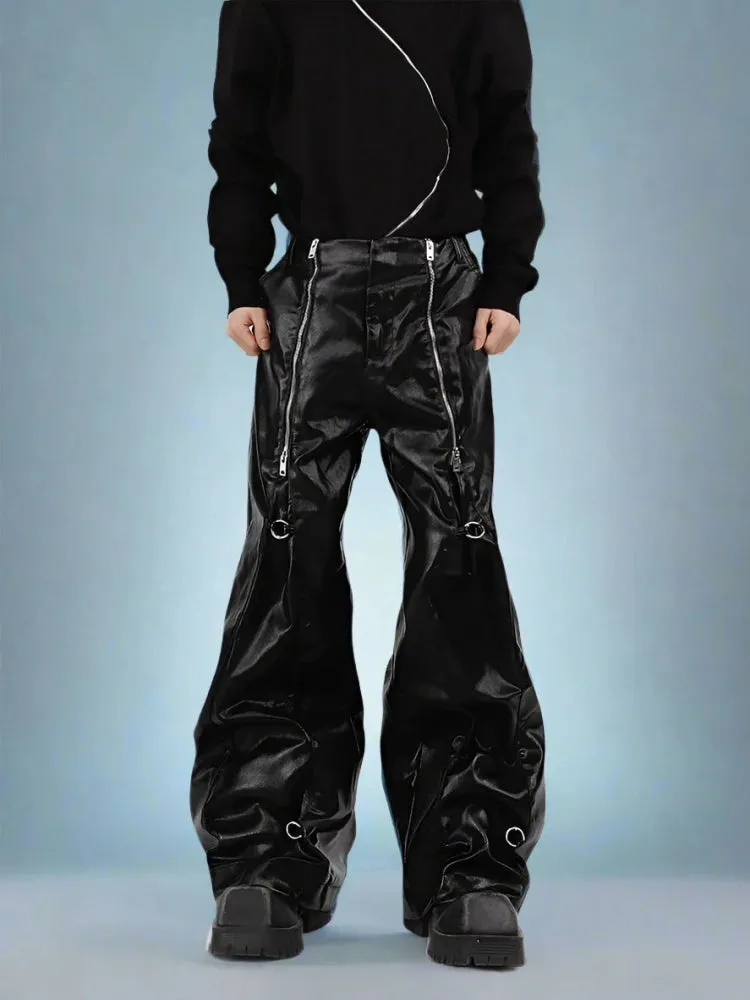 Y2K Cybercore Style Soft PU Leather Loose Pants for Men - Multiple Zipper Details
