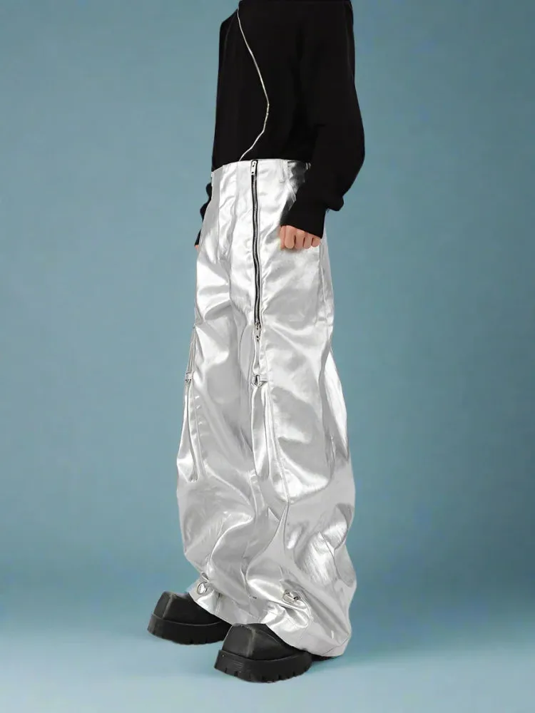 Y2K Cybercore Style Soft PU Leather Loose Pants for Men - Multiple Zipper Details
