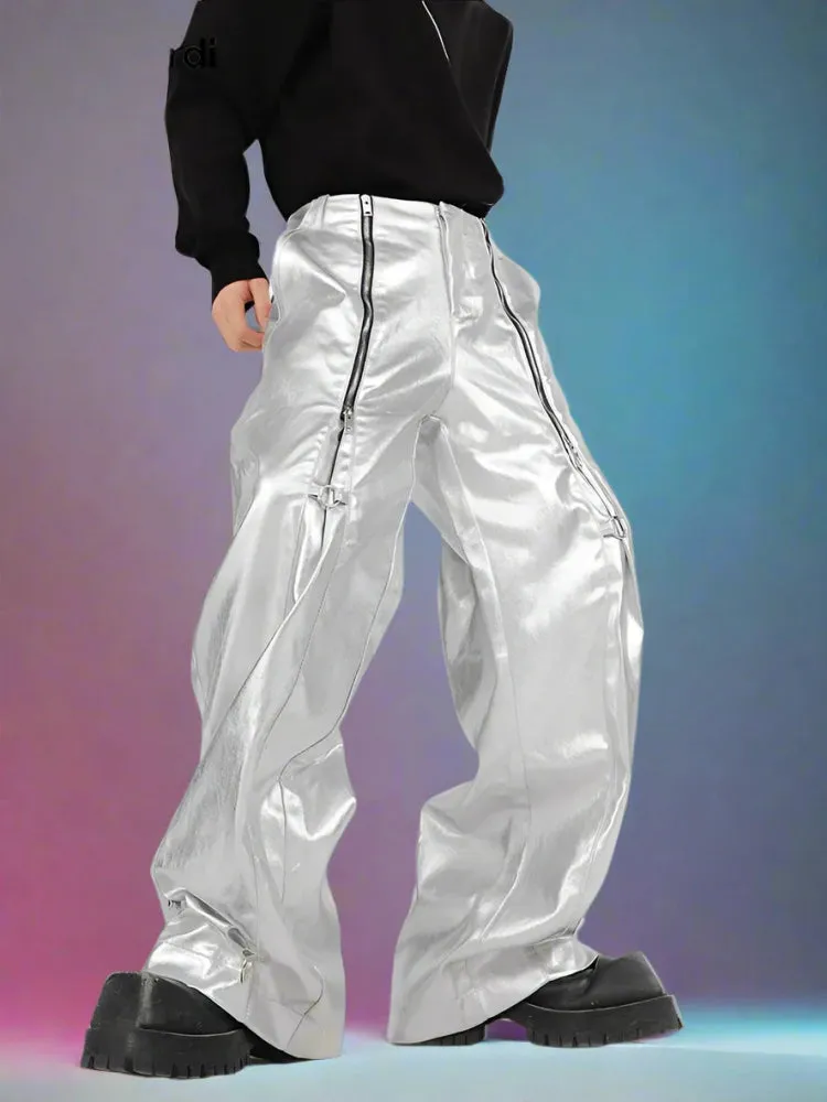 Y2K Cybercore Style Soft PU Leather Loose Pants for Men - Multiple Zipper Details