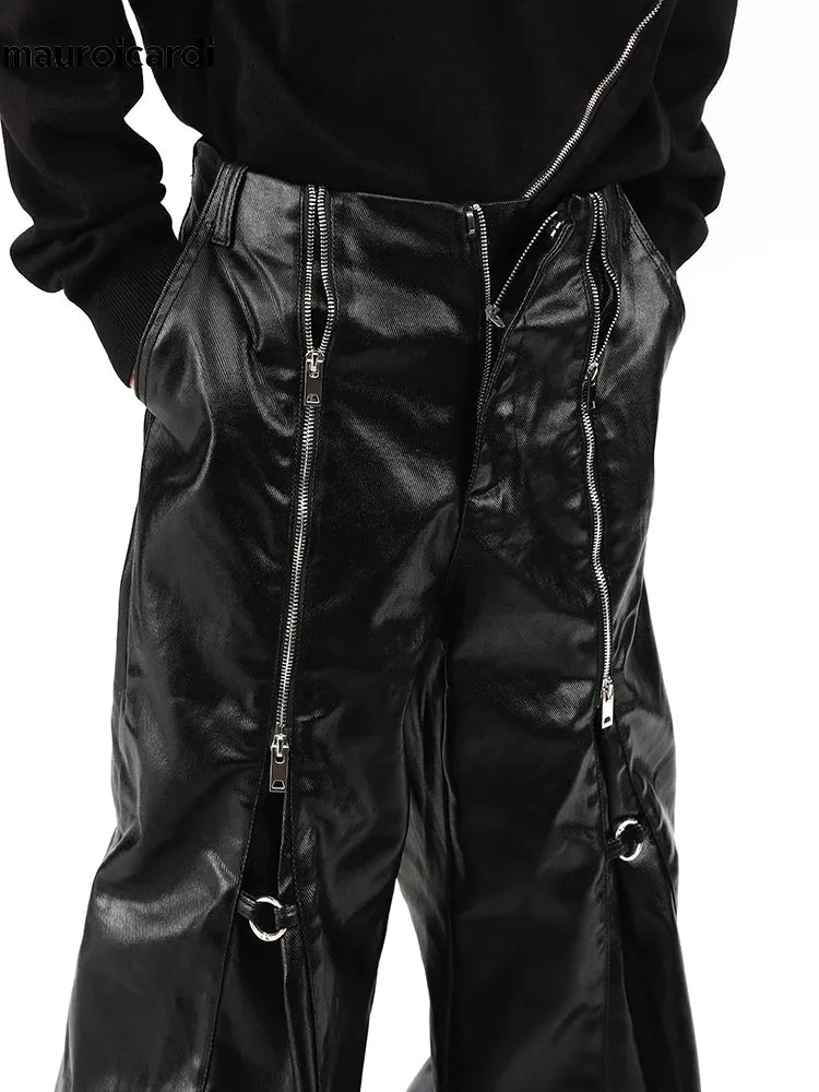 Y2K Cybercore Style Soft PU Leather Loose Pants for Men - Multiple Zipper Details